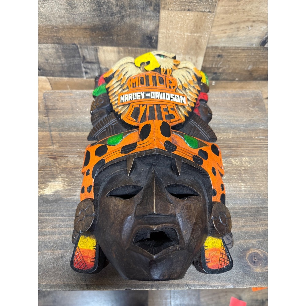 Harley Davidson Hand Carved Wood Mask Mayan Aztec‎ Jaguar Eagle Wall Decor 12x8